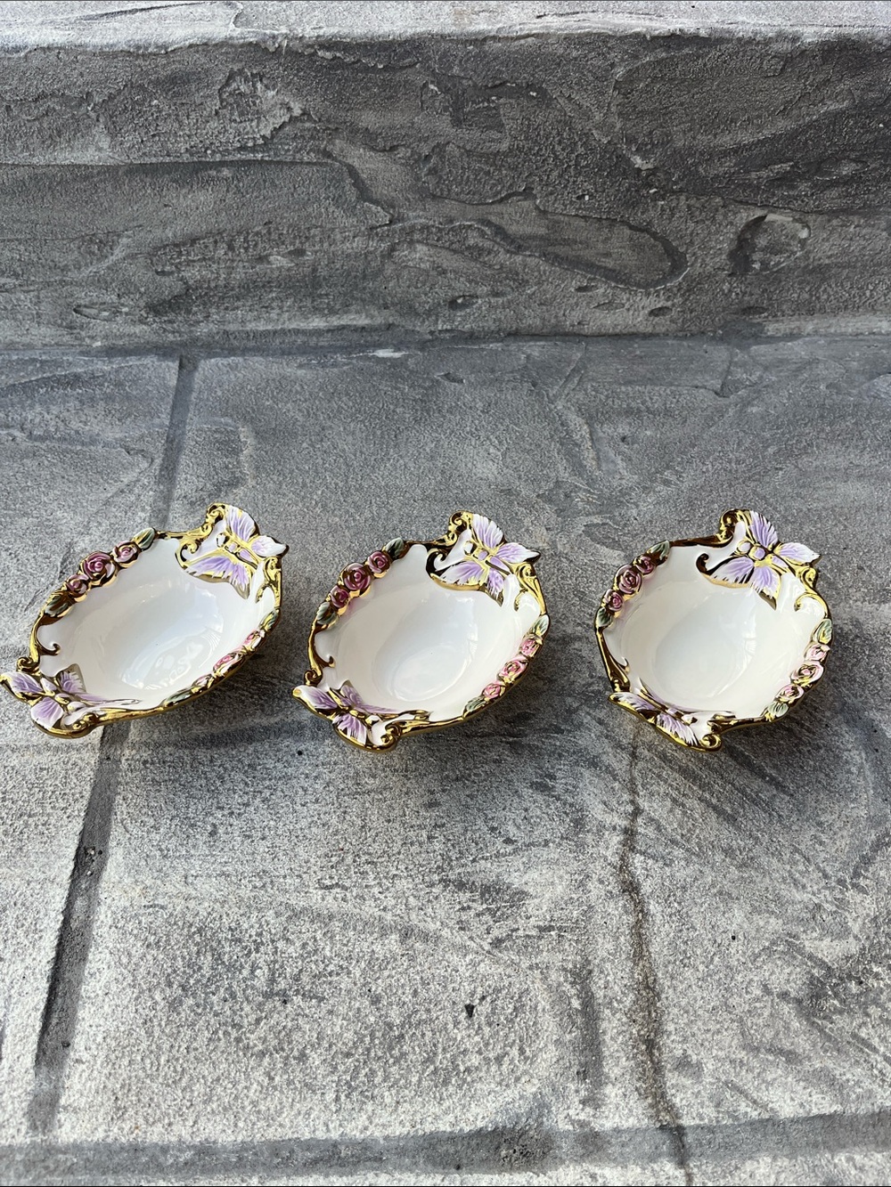 Set of 3 Porcelain Butterfly Trinket Dishes in White with Pink and Gold Accents